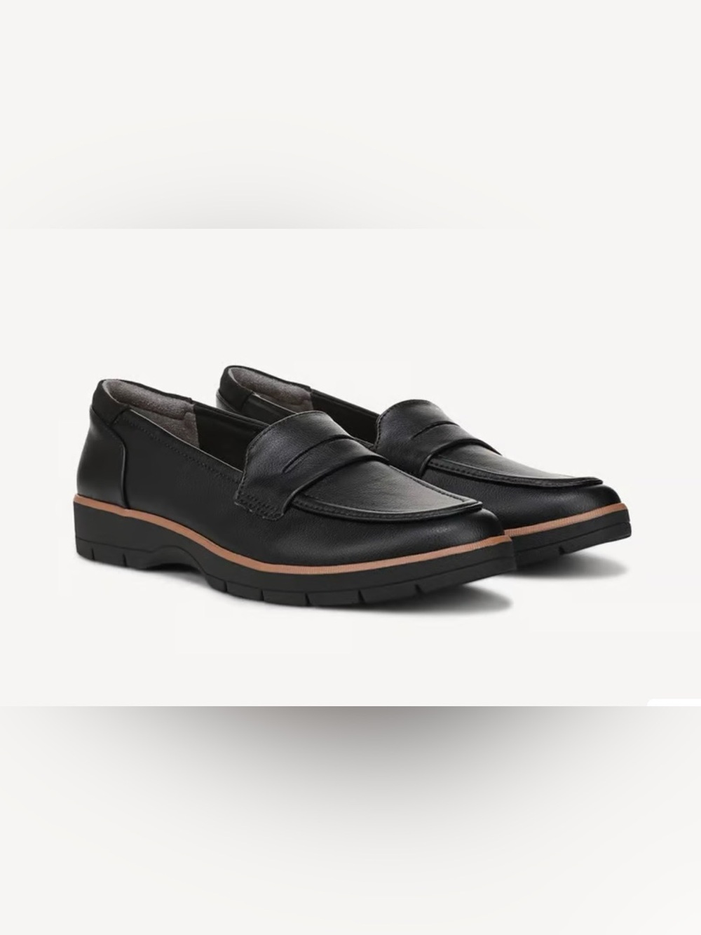 Dr. Scholl's Black Leather Penny Loafers with Tan Trim - Picture 2 of 13